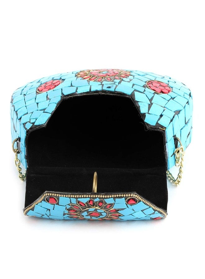Voila Women's Sky Blue Chipped Stone Handmade Brass Clutch - Image 4
